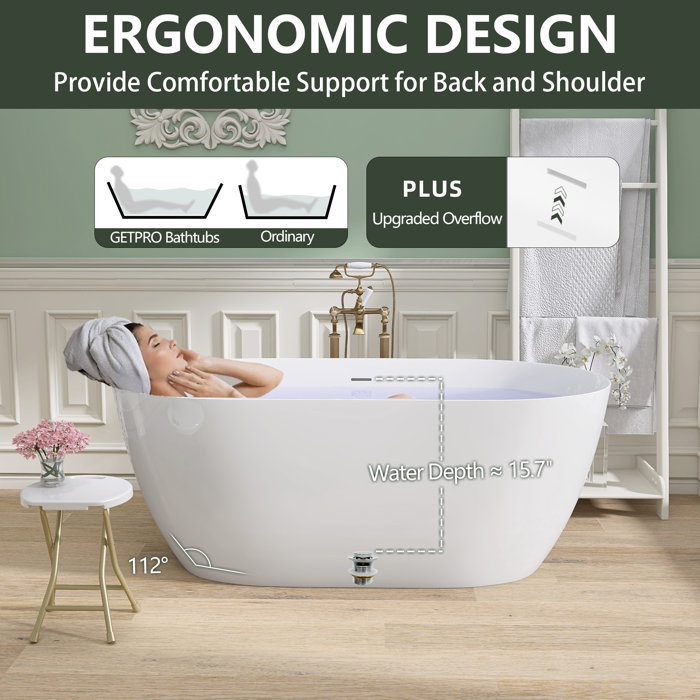 GETPRO 51'' X 28'' Freestanding Soaking Acrylic Bathtub | Wayfair